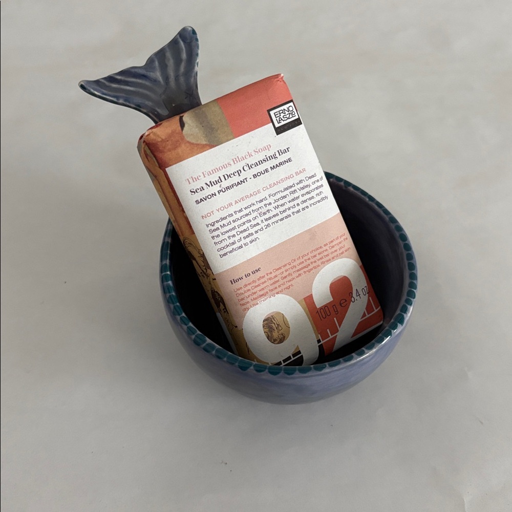 Anthro Ceramic whale or mermaid Tail Shaped trinket jewelry soap Bowl Cup Blue - Picture 7 of 8